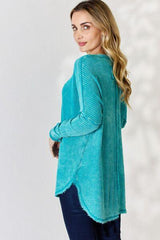 Zenana Oversized Washed Waffle Long Sleeve Top - Flyclothing LLC