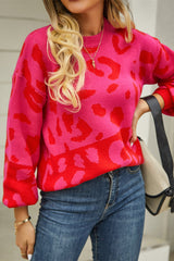 Leopard Round Neck Dropped Shoulder Sweater - Flyclothing LLC