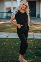 Belted V-Neck Jogger Jumpsuit - Trendsi