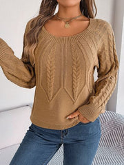 Cable-Knit Round Neck Long Sleeve Sweater - Flyclothing LLC