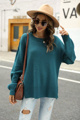 Round Neck Dropped Shoulder Slit Sweater - Trendsi