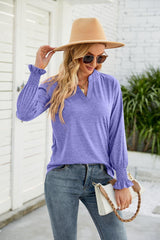 Heathered Flounce Sleeve Curved Hem Top - Trendsi