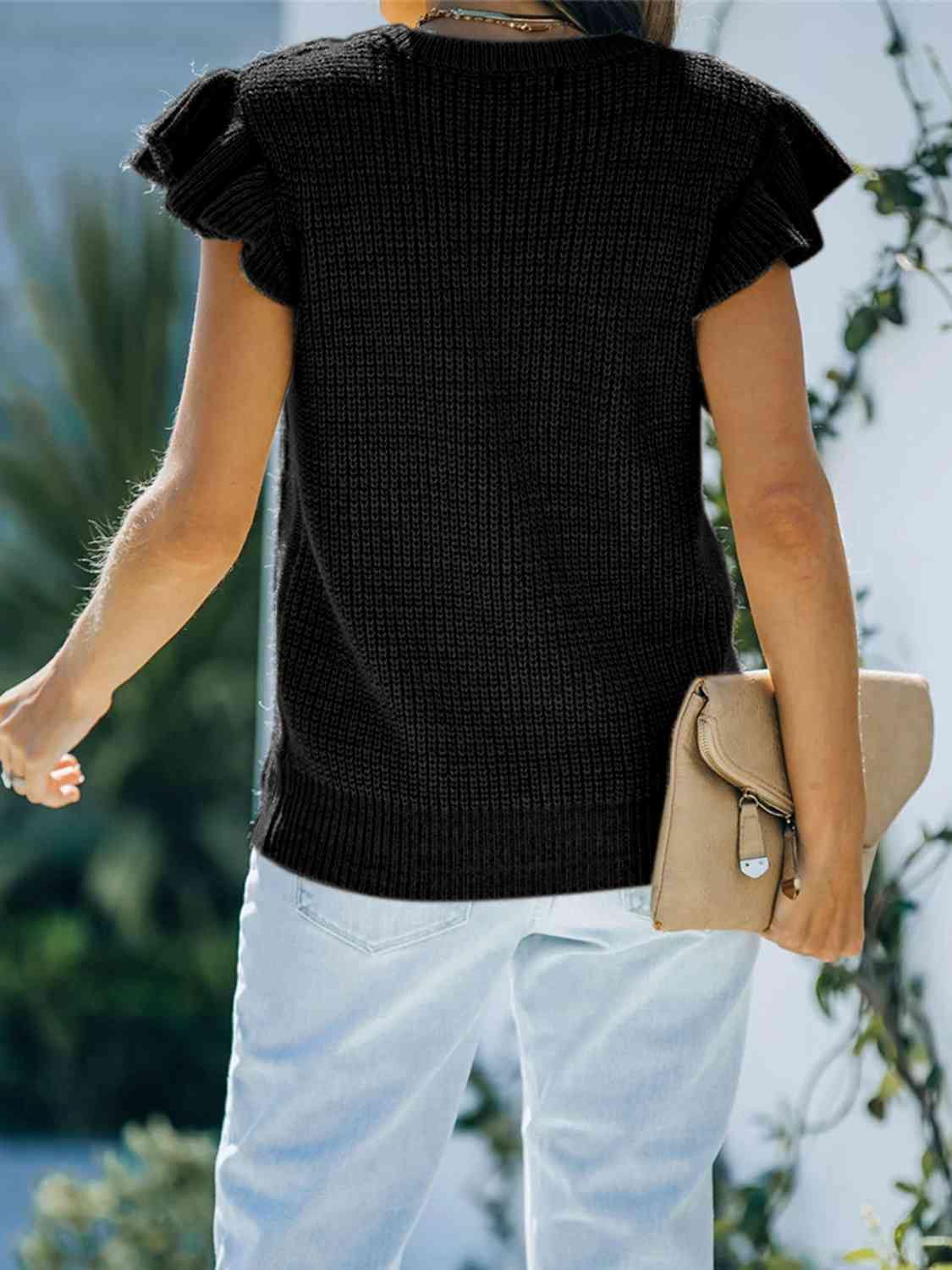 Round Neck Cap Sleeve Sweater - Trendsi