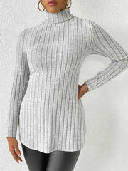 Ribbed Turtleneck Long Sleeve Slit T-Shirt - Flyclothing LLC