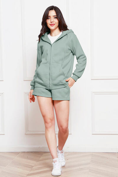 Zip Up Drawstring Hoodie and Shorts Set - Flyclothing LLC