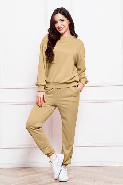 Round Neck Long Sleeve Sweatshirt and Pants Set - Flyclothing LLC