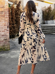 Printed V-Neck Long Sleeve Midi Dress - Flyclothing LLC