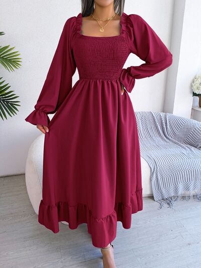 Smocked Square Neck Flounce Sleeve Dress - Flyclothing LLC