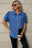 Puff Sleeve Collared Denim Top - Trendsi