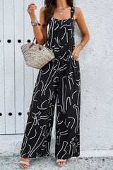 Printed Wide Strap Jumpsuit with Pockets - Flyclothing LLC