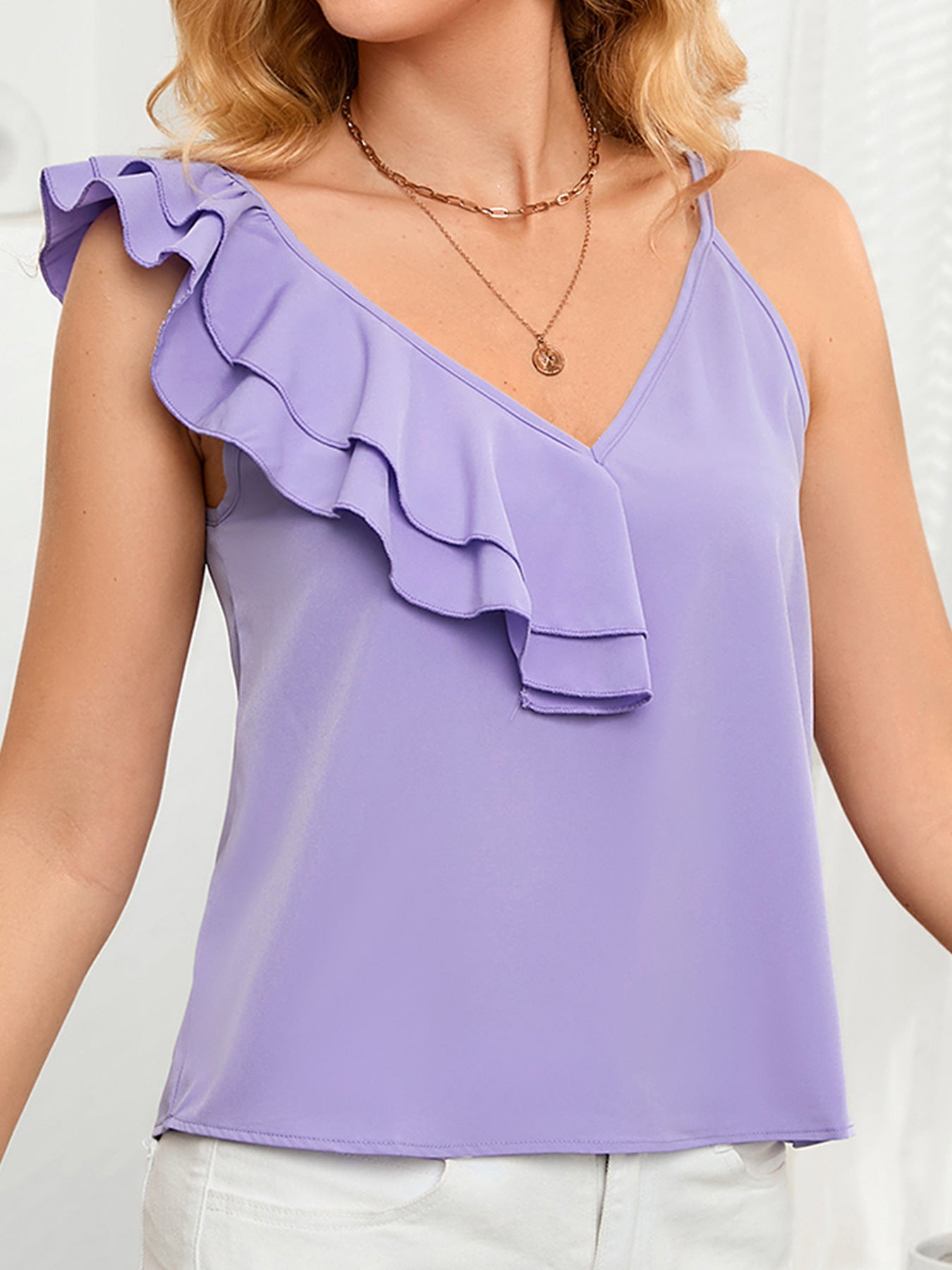 Asymmetrical Neck Ruffled Cami - Flyclothing LLC