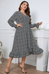 Plus Size Printed V-Neck Flounce Sleeve Midi Dress - Flyclothing LLC