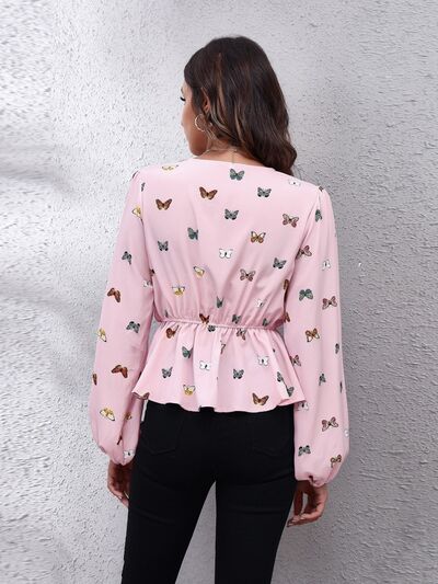 Butterfly V-Neck Balloon Sleeve Peplum Blouse - Flyclothing LLC