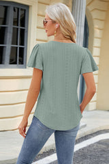 Eyelet Square Neck Short Sleeve T-Shirt - Flyclothing LLC