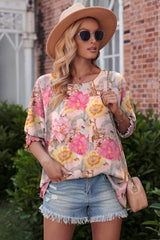 Floral Round Neck Three-Quarter Sleeve Top - Flyclothing LLC