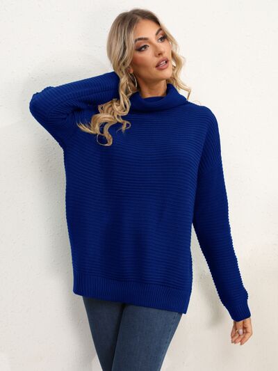 Slit Turtleneck Dropped Shoulder Sweater - Flyclothing LLC