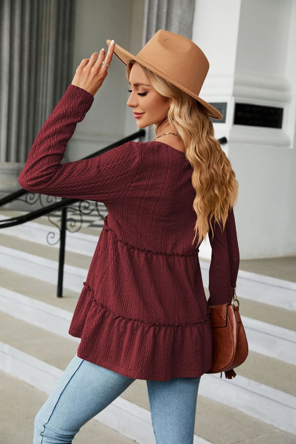 Long Sleeve V-Neck Cable-Knit Blouse - Flyclothing LLC