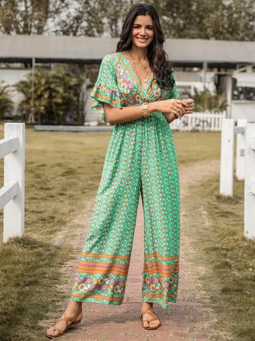 Floral Surplice Flutter Sleeve Jumpsuit - Flyclothing LLC