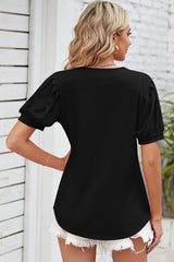 Notched Ruched Short Sleeve T-Shirt - Flyclothing LLC