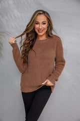 Dropped Shoulder Round Neck Fuzzy Sweater - Flyclothing LLC