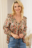 Floral V-Neck Babydoll Blouse - Flyclothing LLC