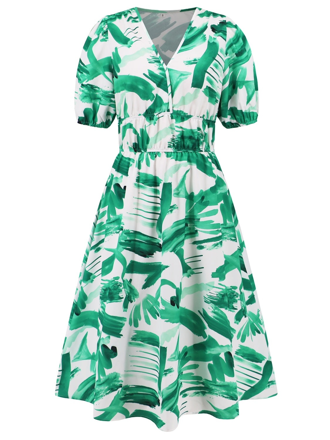 Ruched Printed Surplice Short Sleeve Dress - Flyclothing LLC