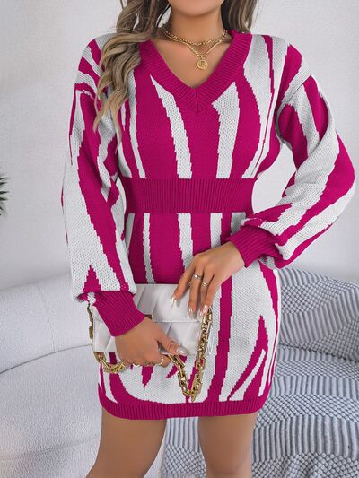 Animal Print V-Neck Long Sleeve Sweater Dress - Flyclothing LLC