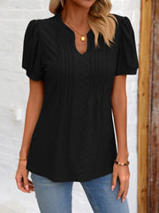 Eyelet Notched Puff Sleeve T-Shirt - Flyclothing LLC