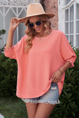 Round Neck Dolman Sleeve Textured Blouse - Flyclothing LLC