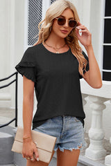 Eyelet Round Neck Petal Sleeve T-Shirt - Flyclothing LLC