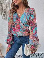 Printed Surplice Smocked Lantern Sleeve Blouse - Flyclothing LLC