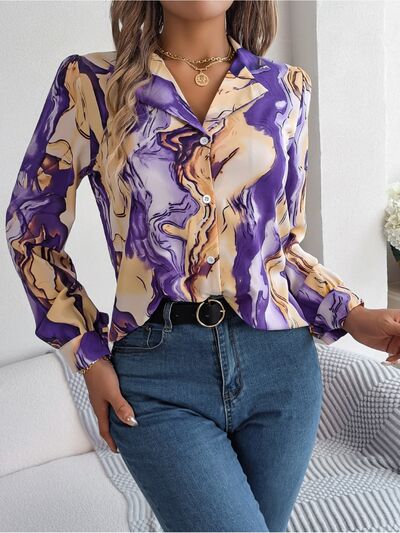 Printed Button Up Long Sleeve Shirt - Flyclothing LLC