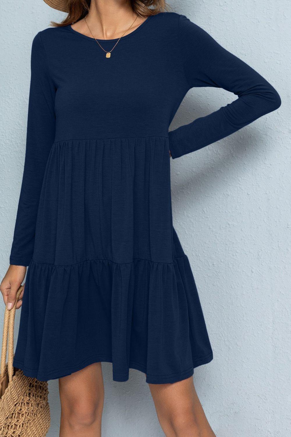 Round Neck Long Sleeved Tiered Dress - Flyclothing LLC