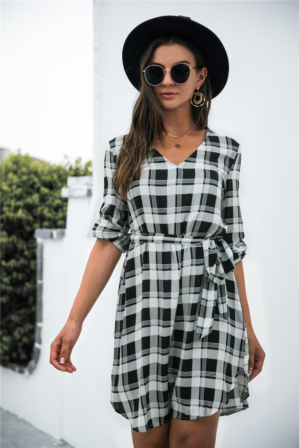 Plaid V-Neck Tie Waist Dress - Flyclothing LLC