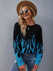 Printed Round Neck Long Sleeve Sweater - Flyclothing LLC