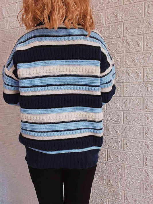 Striped Drop Shoulder Round Neck Sweater - Flyclothing LLC