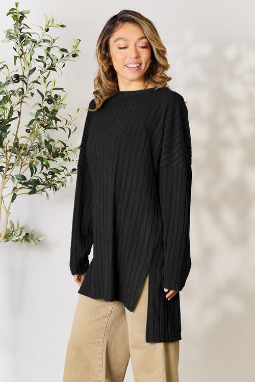 Basic Bae Full Size Ribbed Round Neck Long Sleeve Slit Top - Flyclothing LLC