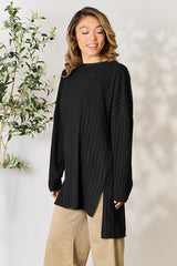 Basic Bae Full Size Ribbed Round Neck Long Sleeve Slit Top - Flyclothing LLC