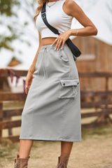 Drawstring Waist Slit Denim Skirt - Flyclothing LLC