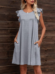 Round Neck Flutter Sleeve Dress with Pockets - Flyclothing LLC