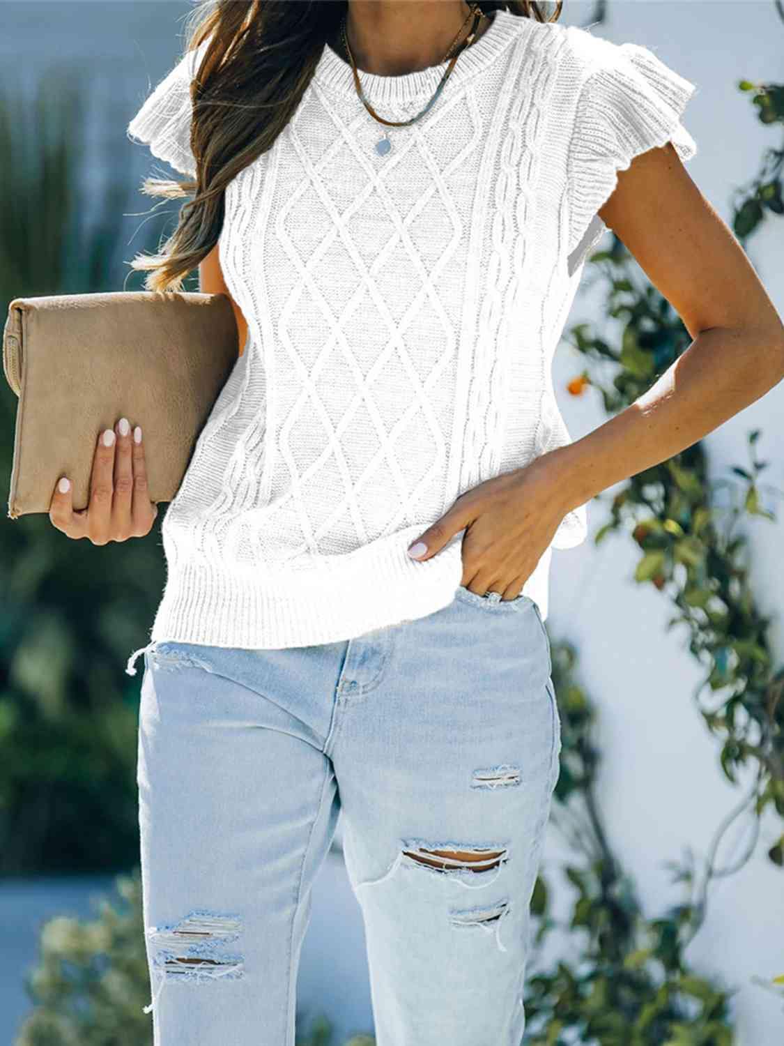 Round Neck Cap Sleeve Sweater - Trendsi