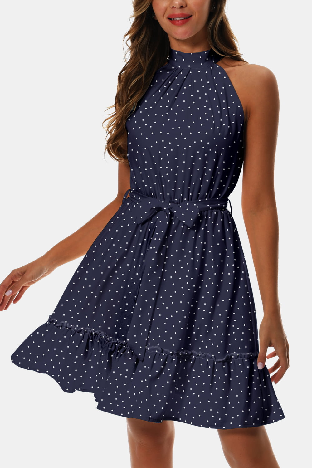 Printed Tie Waist Frill Trim Dress - Flyclothing LLC