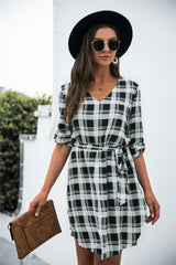 Plaid V-Neck Tie Waist Dress - Flyclothing LLC