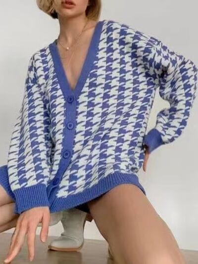 Houndstooth Button Up Long Sleeve Cardigan - Trendsi