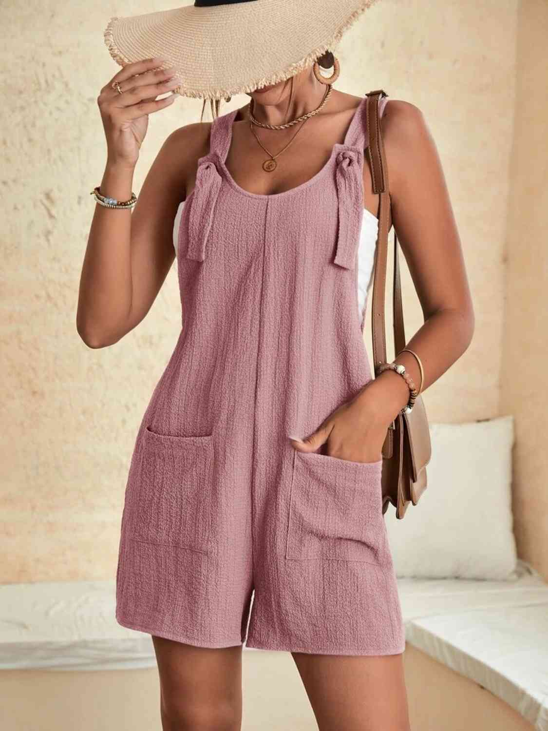 Full Size Scoop Neck Romper with Pockets - Trendsi