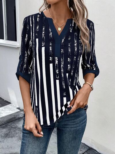 Striped Notched Half Sleeve Blouse - Flyclothing LLC