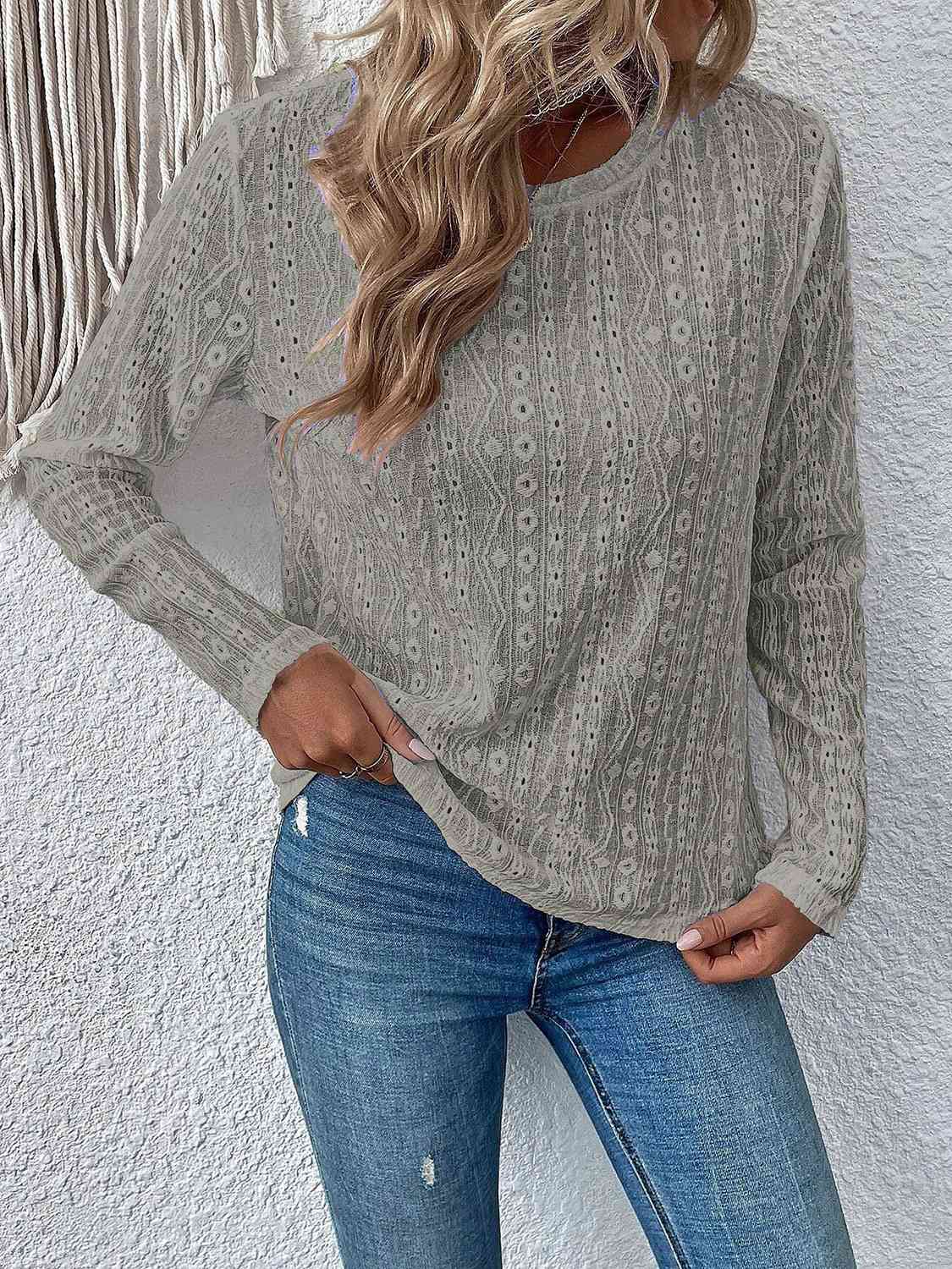 Eyelet Round Neck Long Sleeve Top - Flyclothing LLC