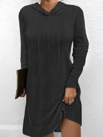 Textured Drawstring Long Sleeve Hooded Dress - Flyclothing LLC