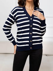 Striped Dropped Shoulder V-Neck Knit Top - Flyclothing LLC