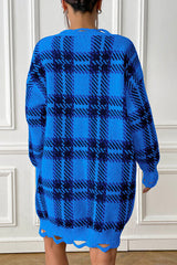 Plaid V-Neck Long Sleeve Sweater Dress - Flyclothing LLC